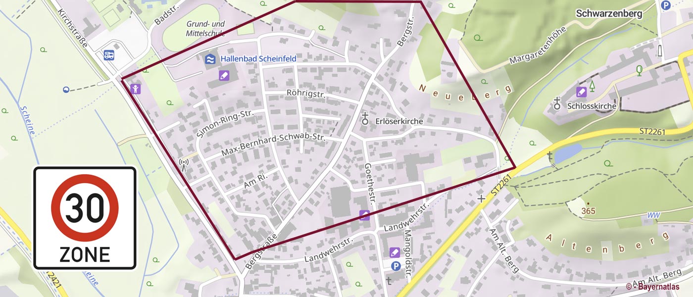 Straßenkarte mit eingezeichnetem Tempo-30 Bereich