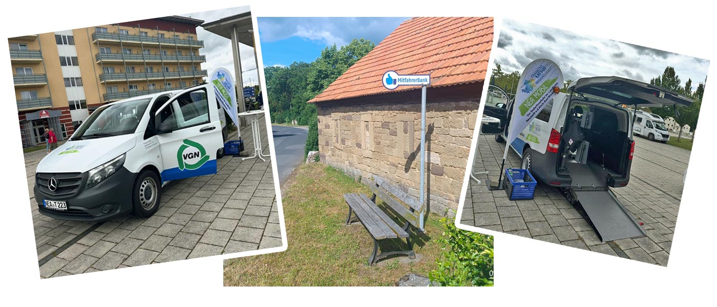 Bild eines Kleinbusses zum Personentransport und einer Mitfahrerbank