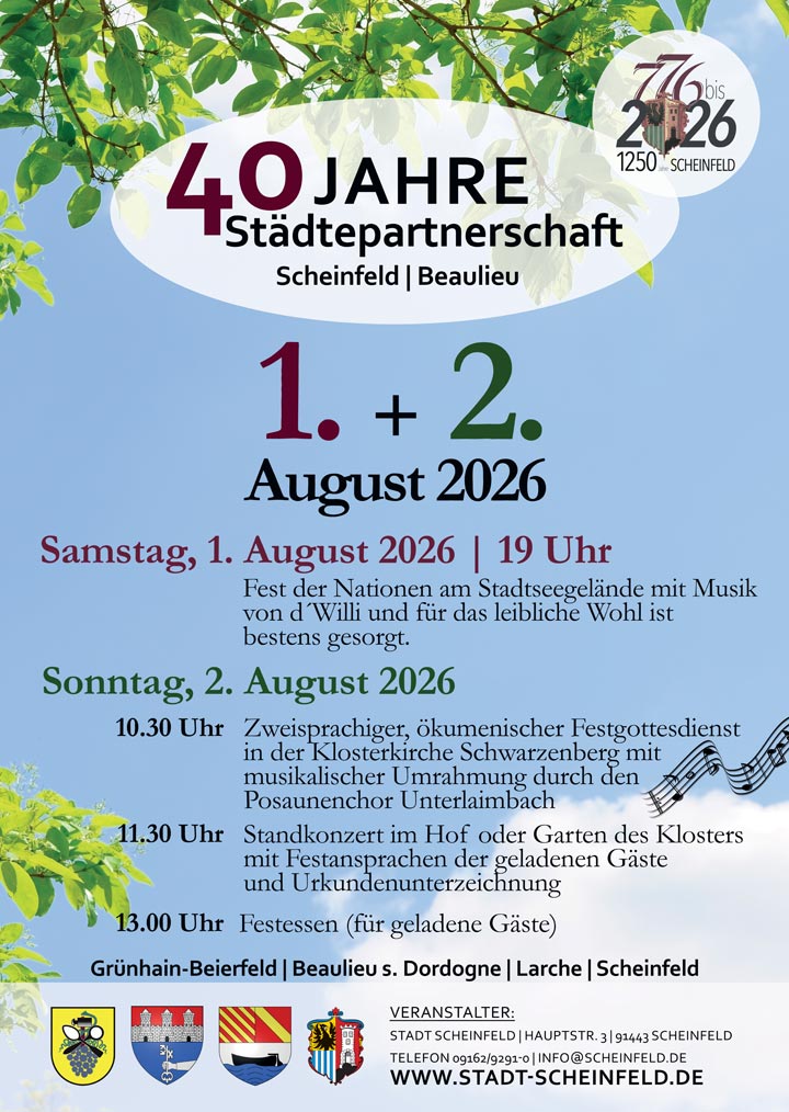 Plakat zur Feier von 40 Jahren Städtepartnerschaft Scheinfeld und Beaulieu am 1. und 2. August 2026 mit Übersicht des Festprogramms.