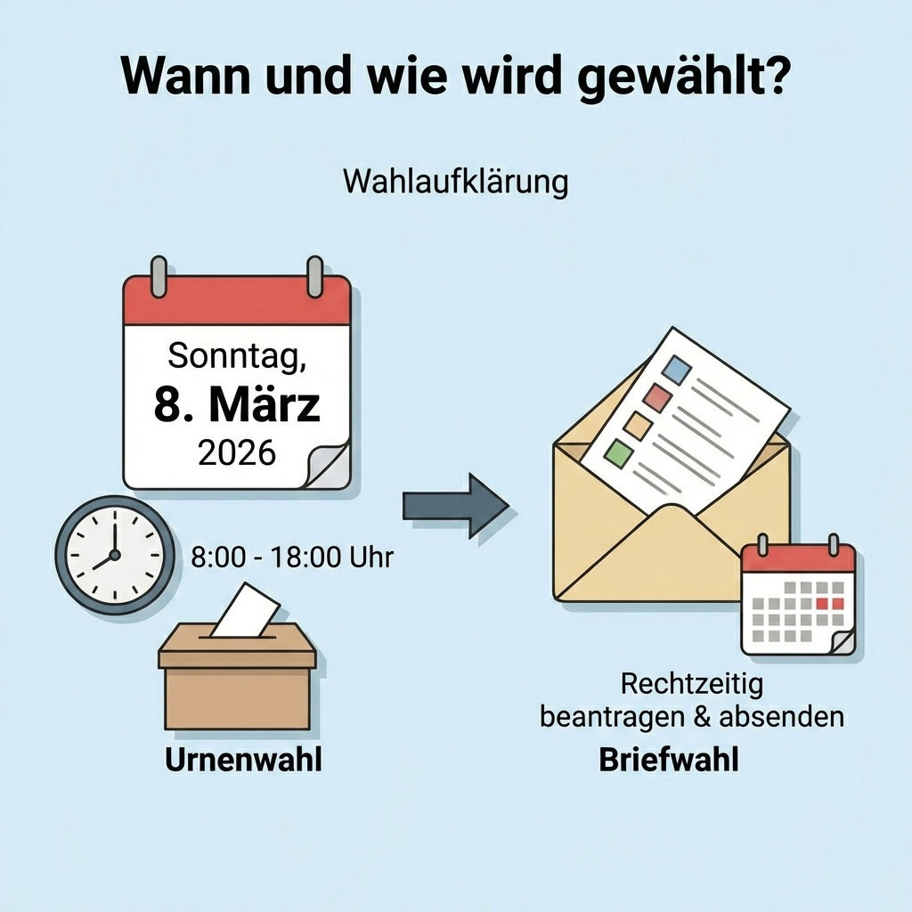 Infografik zur Wahl: Sonntag, 8. März 2026, 8:00 -18:00 Uhr. Wahlmöglichkeiten sind Urnenwahl oder Briefwahl (rechtzeitig beantragen und absenden).