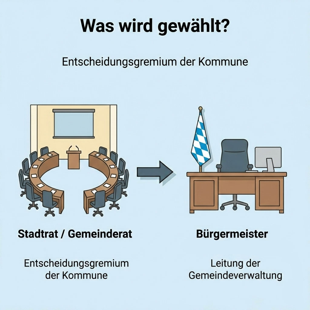 Schaubild zur Kommunalwahl, das die zwei gewählten Ämter erklärt: Der Stadtrat oder Gemeinderat ist das Entscheidungsgremium der Kommune, und der Bürgermeister ist die Leitung der Gemeindeverwaltung.