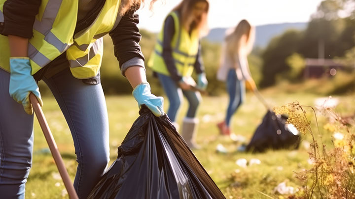 Kinder sammeln Unrat auf einer Wiese