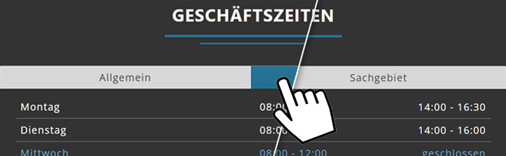 Beispiel für Registerkarten bei den Geschäftszeiten