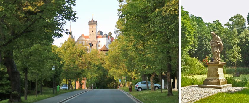 Schwarzenberger Straße mit Blick auf Schloss und Nepomuk-Statue