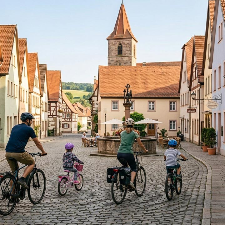 Familie mit den Fahrrädern vor einem Brunnen in einem Ortskern