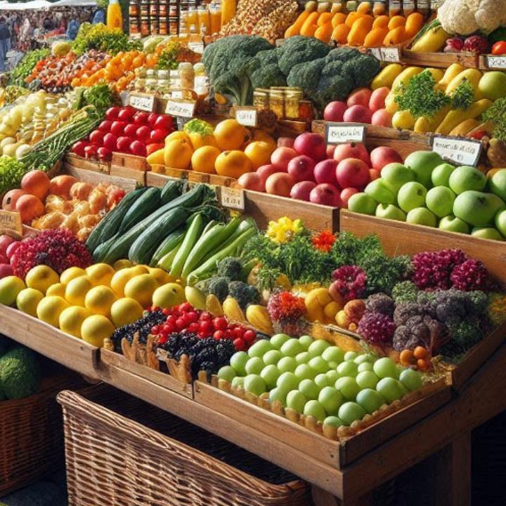 Blick auf einen Marktstand mit frischem Obst und Gemüse