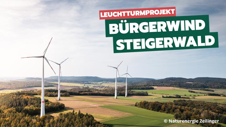 Windkraftanlagen in einer Hügellandschaft mit dem Text 'Leuchtturmprojekt Bürgerwind Steigerwald'.