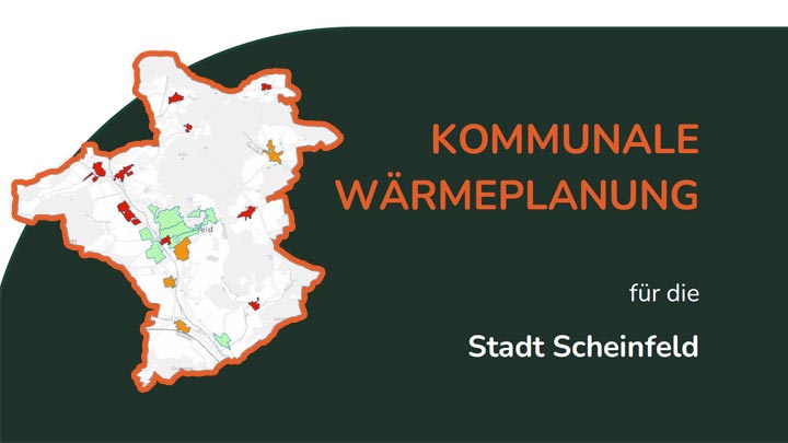 Titelgrafik 'Kommunale Wärmeplanung für die Stadt Scheinfeld' mit einer schematischen Karte des Stadtgebiets und farbig markierten Teilbereichen.
