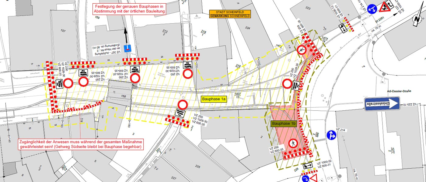 Straßenkarte mit Markierung der gesperrten Bereiche