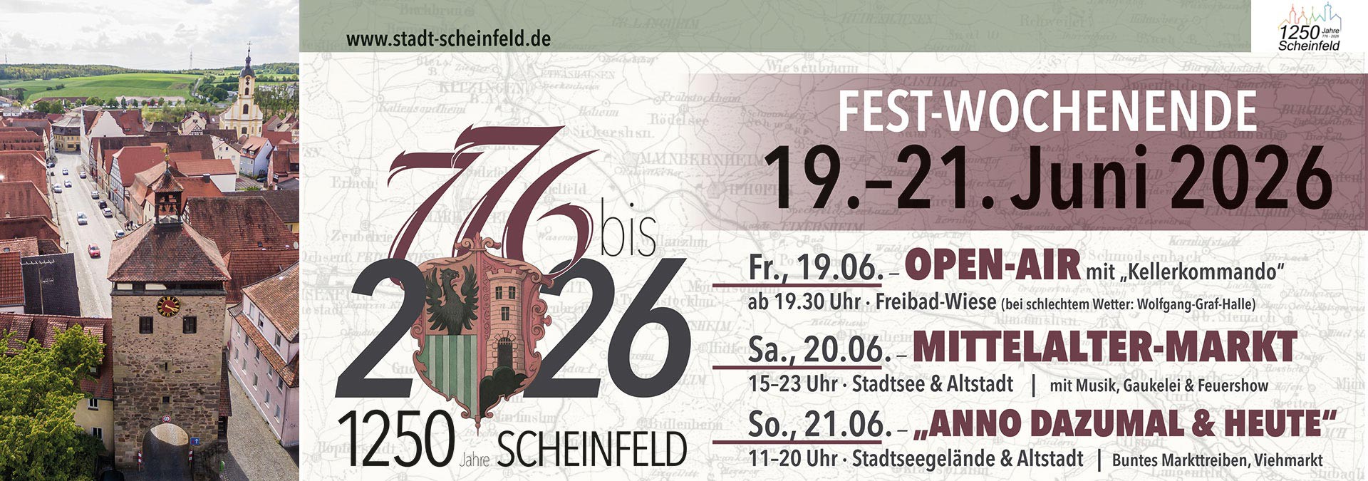 Plakat zum Festwochenende vom 19. bis 21. Juni 2026 anlässlich der 1250-Jahrfeier der Stadt Scheinfeld