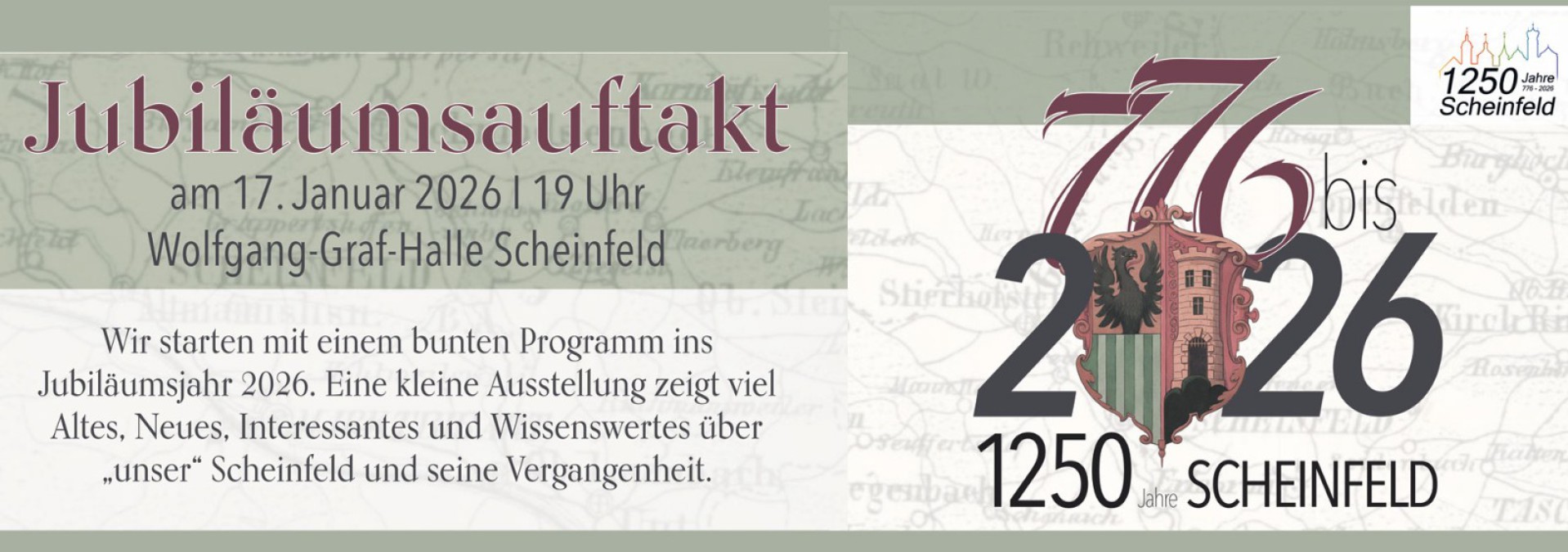 Plakat mit Informationen zum Jubiläumsauftakt mit Jahreszahlen und Wappen der Stadt Scheinfeld