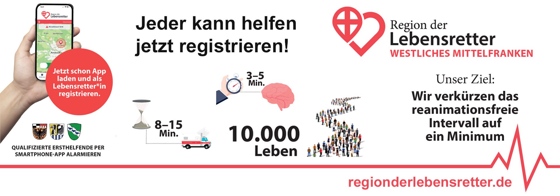 Banner der Region der Lebensretter Westliches Mittelfranken mit dem Aufruf 'Jeder kann helfen jetzt registrieren!'. Es wird erklärt, dass eine App qualifizierte Ersthelfer alarmiert, um das reanimationsfreie Intervall zu minimieren.