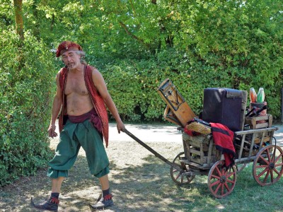 Person zieht einen kleinen Holzwagen über eine Wiese.